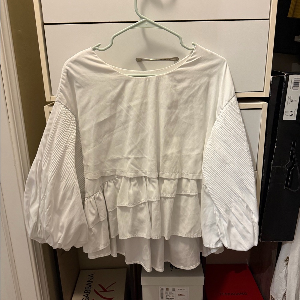 Ina White Layered Blouse with Voluminous Sleeves